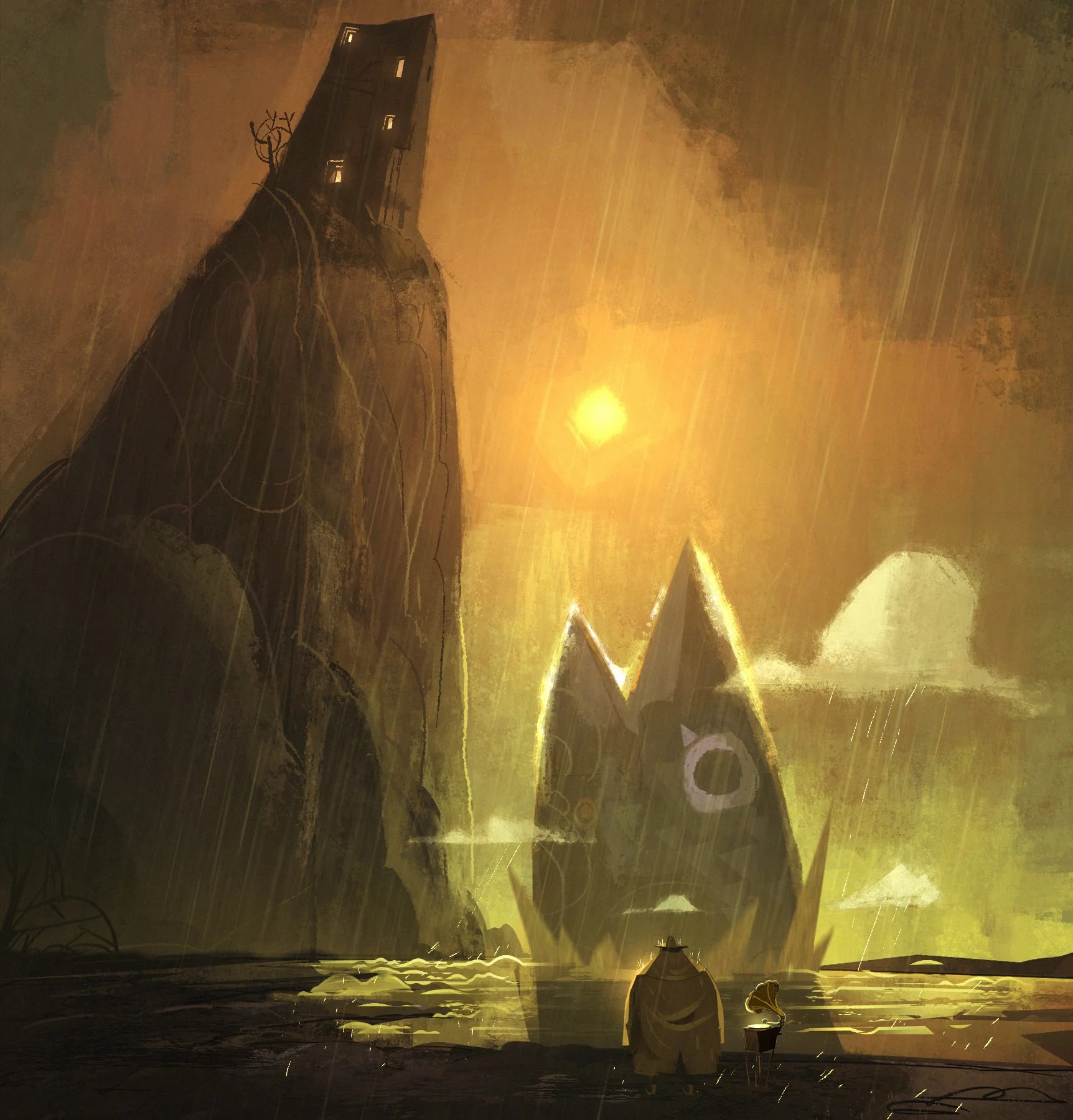 Escena de un paisaje futurista con estructuras gigantes y un sol brillante en el cielo, dos figuras humanas de espaldas observan la escena, la ambientación parece lluviosa.