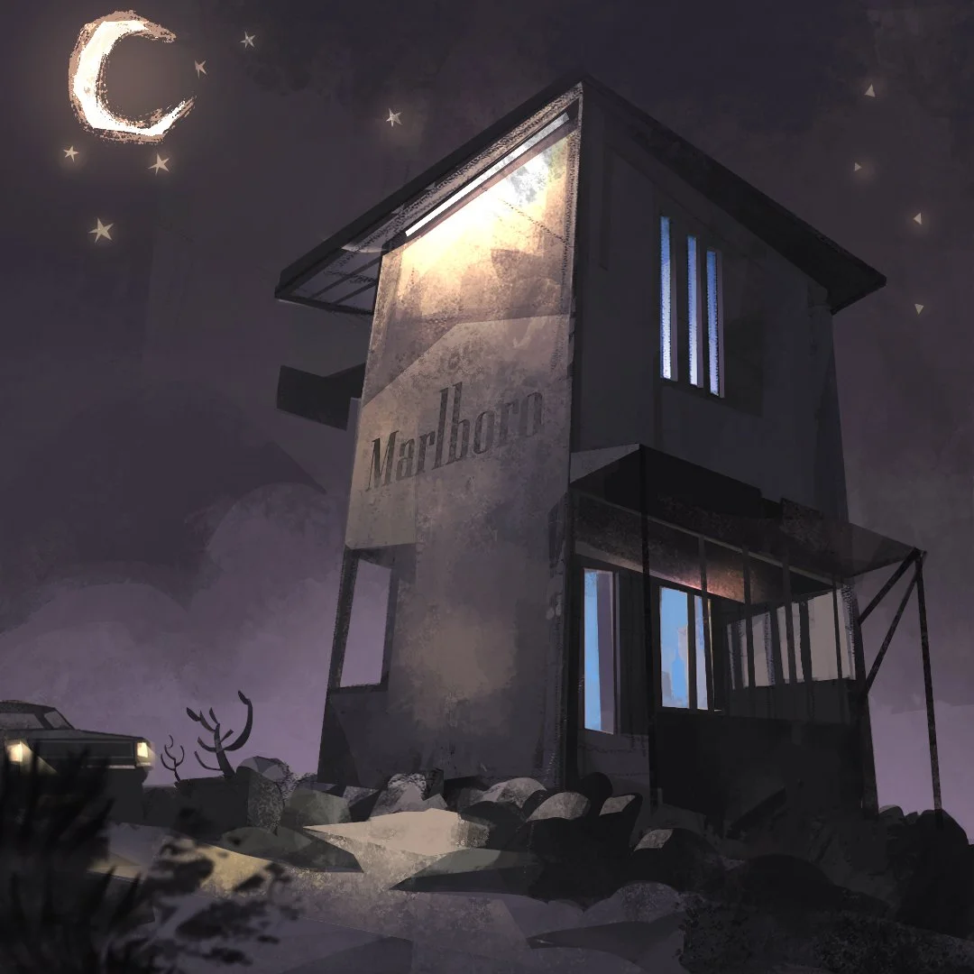 Edificio moderno en un entorno oscuro, con una luna y estrellas en el cielo, y la palabra 'Marlboro' en la fachada.
