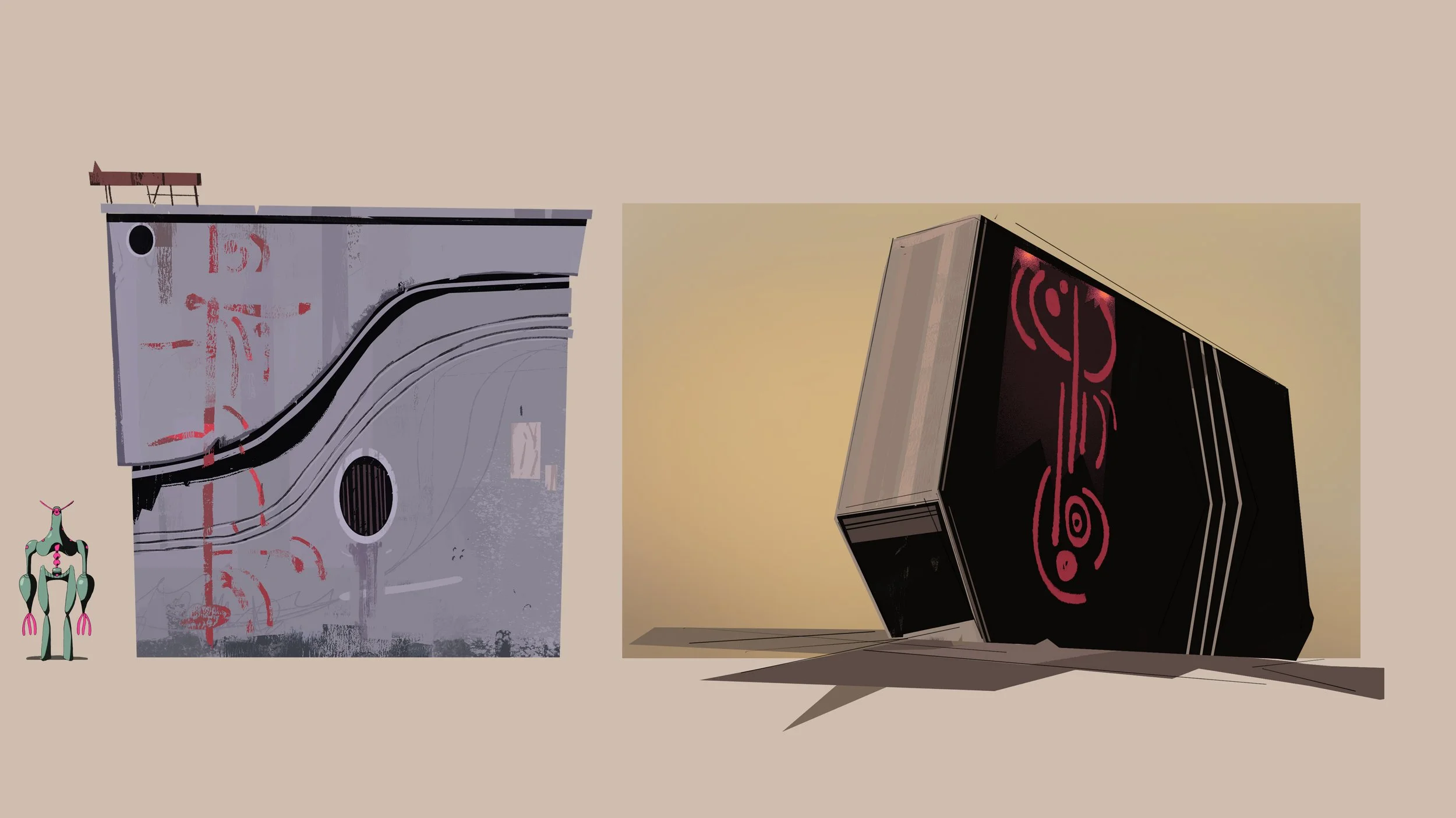 Dibujo digital de dos edificios y una figura robot en un plano minimalista, con un fondo color beige.