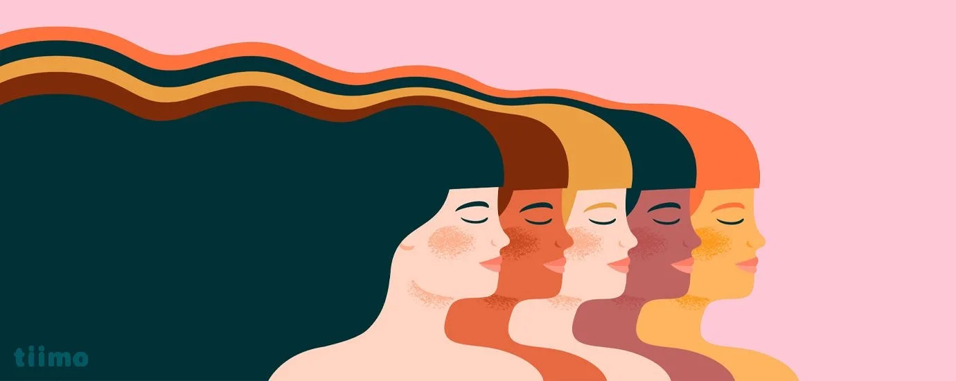 Illustration of multiple versions of the same woman with different hair and skin colors, representing masking and identity variations often seen in autistic women.