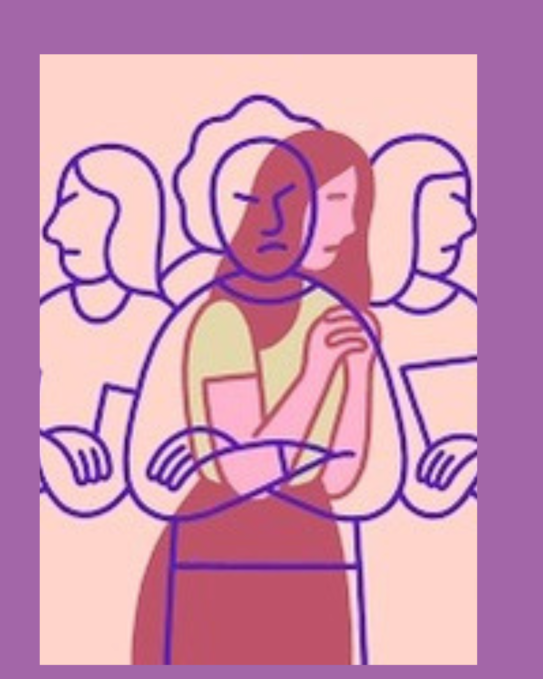 Cartoon illustration of  different sides of a woman with a slightly forced smile and attentive posture, depicting fawning behavior or masking in social situations.