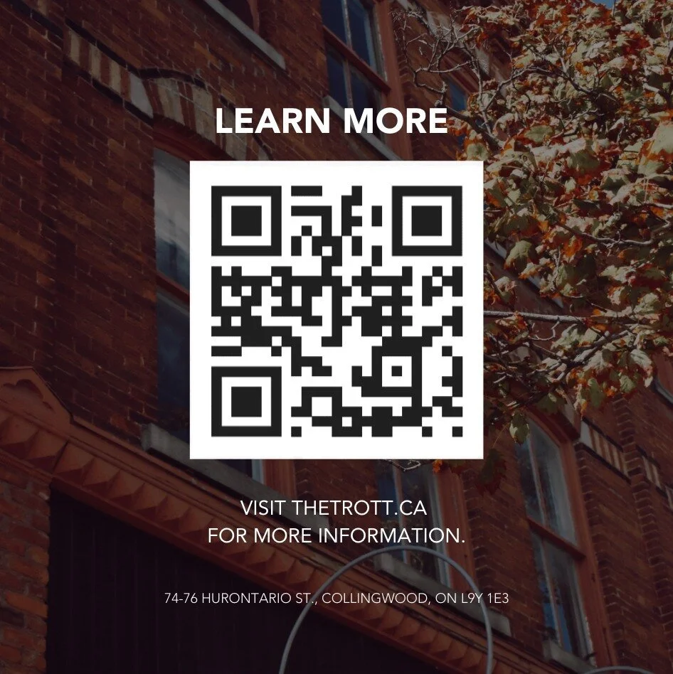 Interested in learning more about our one-of-a-kind units?⁠
⁠
Scan our QR codes (available on Hurontario St via our street decals) or visit our website! ⁠
⁠
#SeeYouAtTheTrott ⁠
⁠
#thetrottblock #commercialleasingopportunity #downtowncolligwood #worki