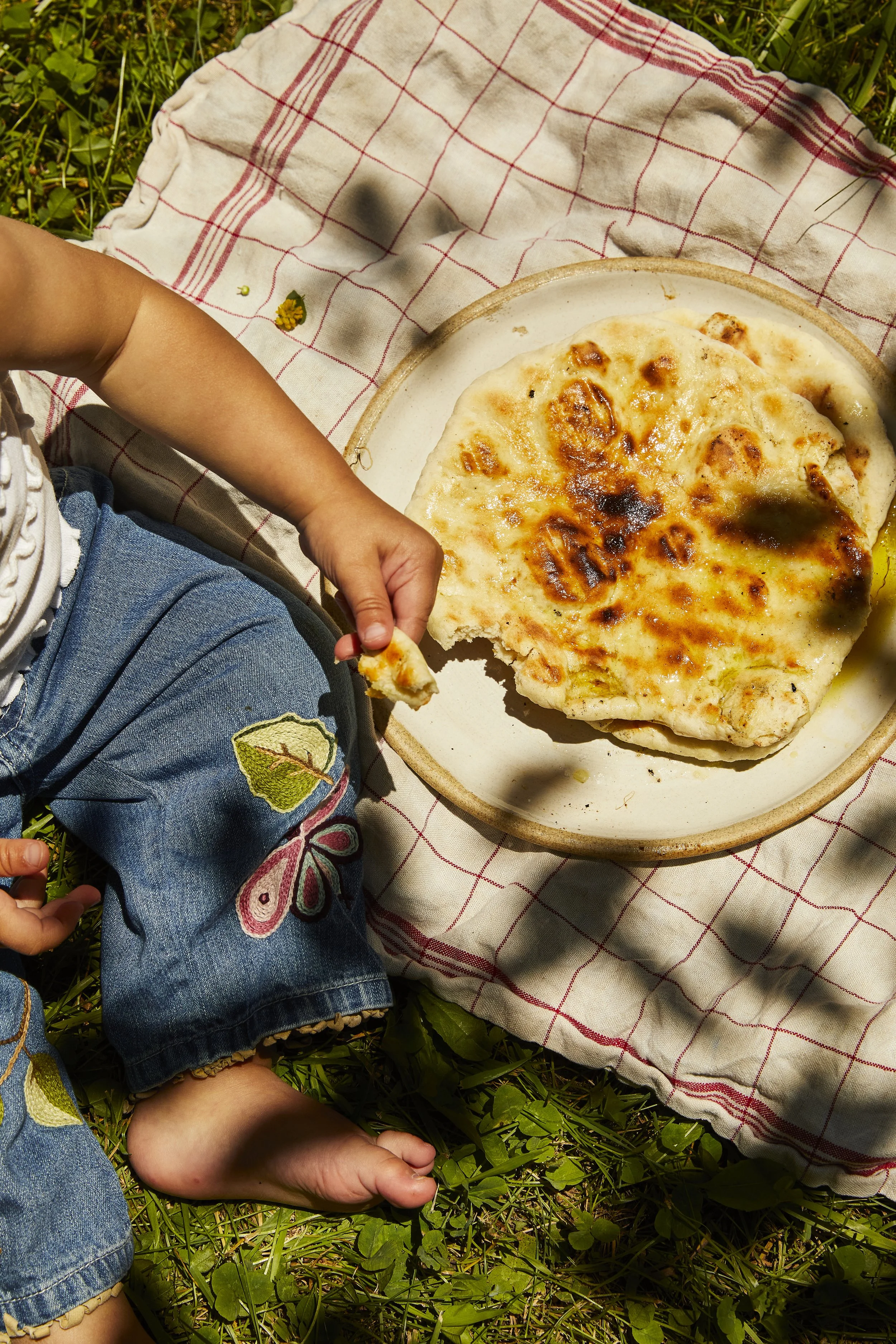 Close-up of a child's hand holding a slice of pizza next to a whole pizza on a beige plate, laid on a checkered cloth on green grass.