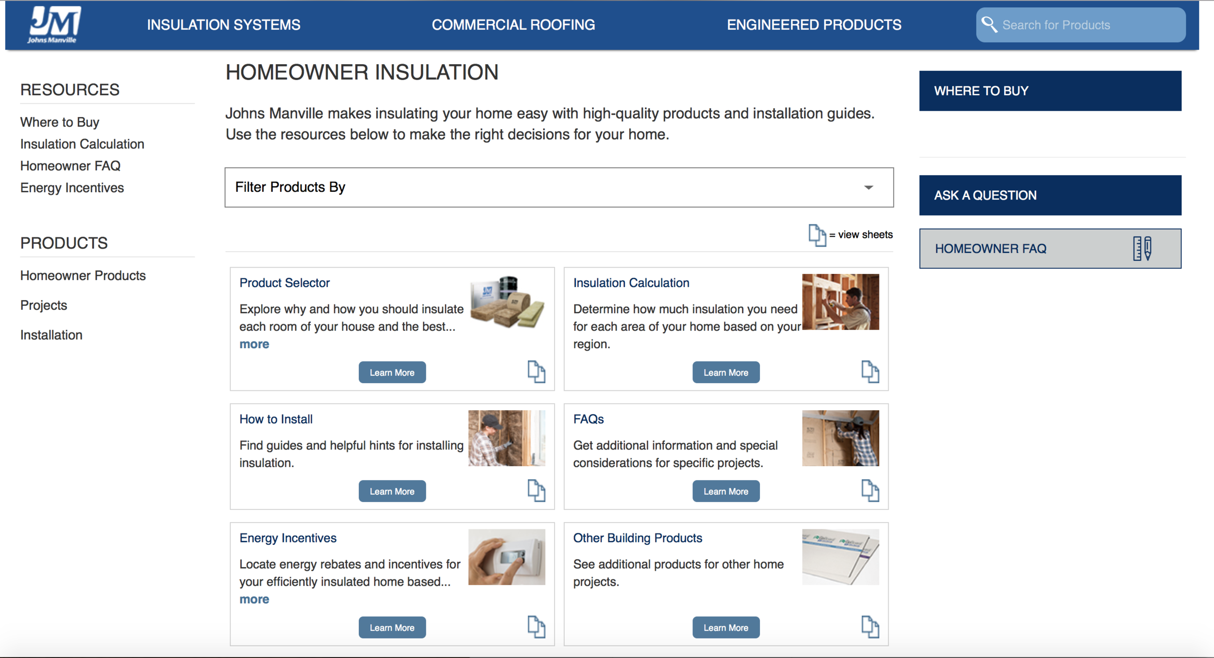 Product landing pages for jm.com. These page types feature quick access to commonly needed datasheets for JM customers.