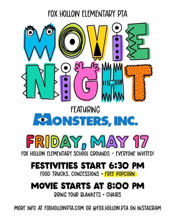 🍿 MOVIE NIGHT 🍿 

👀 Looking for something to do on a Friday night? Bring the whole family and your neighbors! 

🟣 We are watching Monster&rsquo;s Inc 🟢

Join us Friday May 17th starting at 6:30 pm, for a night of fun. We will have Food Trucks, C