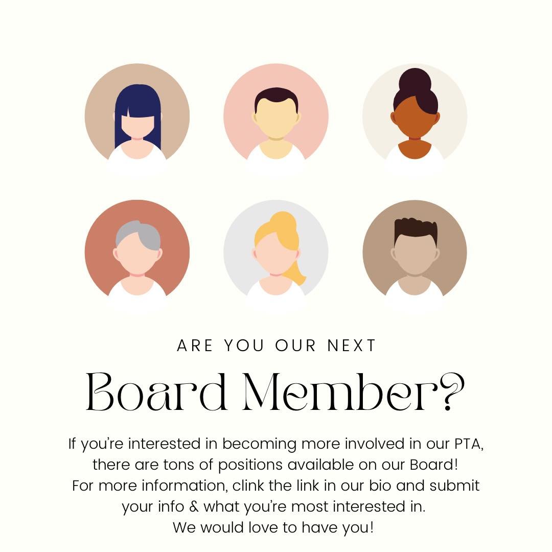 ❓Want to become more involved with your students school? 🏫 
Joining the PTA is not only fun, but also a great way to become involved. 

We are looking 👀 for new Board members for 24-25 school year! 

🔺Being a board member (or even a PTA member) so