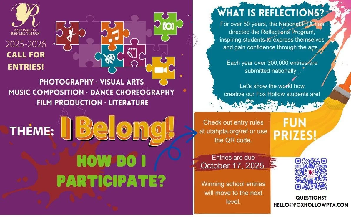 ‼️ The last day to enter our reflections program is 10/17! 
Get those entries in! 
👋Hey, Fox Hollow Redtails! You’re invited to participate in the PTA Reflections Program—the contest where YOU get to show off your creativity.
🎨 Do yo