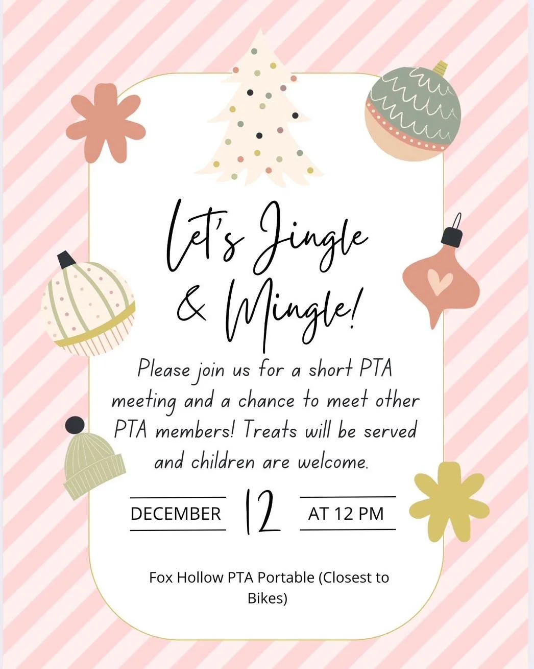 Come mingle with us at our PTA meeting this Friday, December 12th! 

🎄