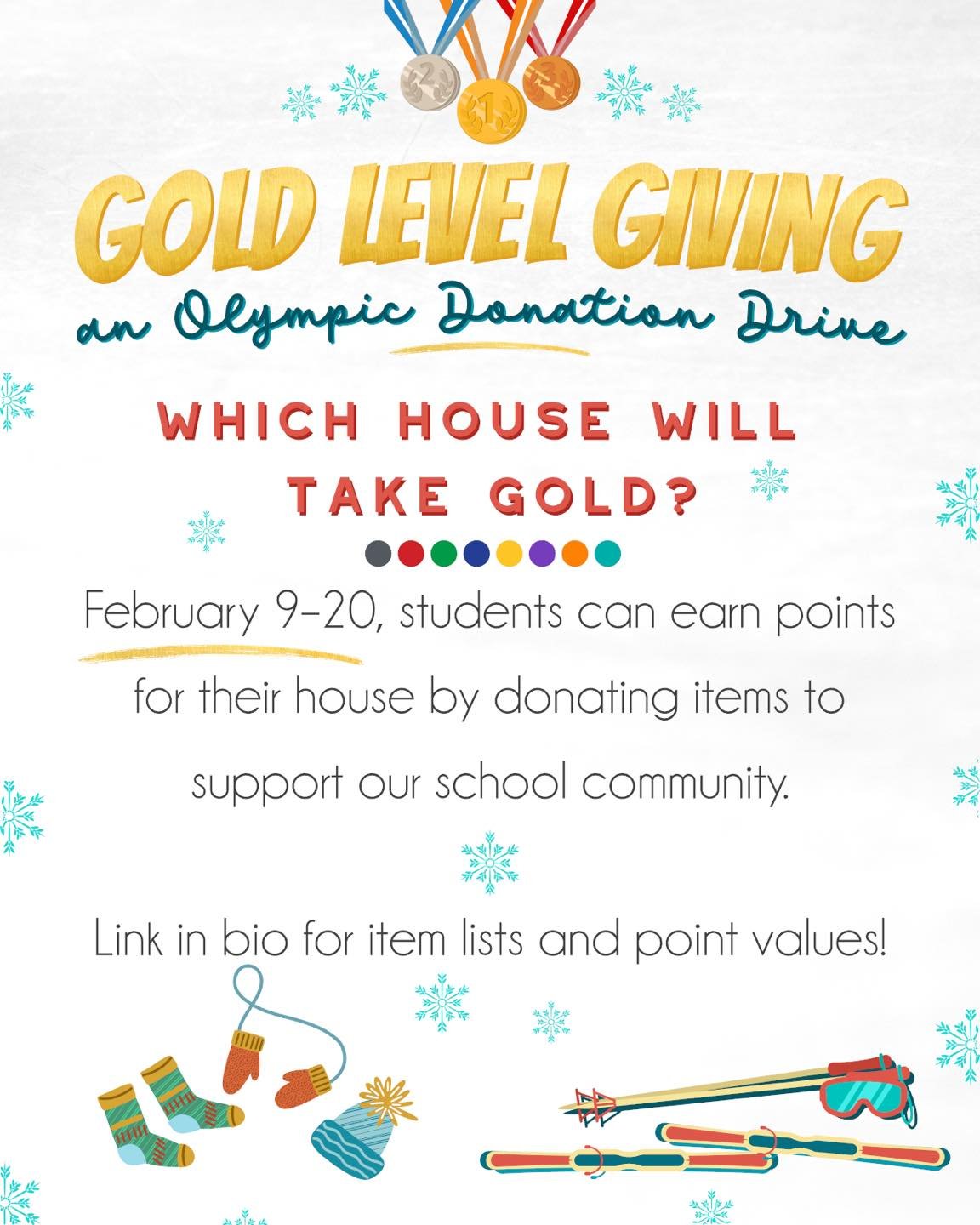 Our Olympic themed donation drive goes until February 20th! Students can earn house points, and the house with the most points will get a Winter Olympic Games themed party! 🎉 

🔗 link in bio for more information!