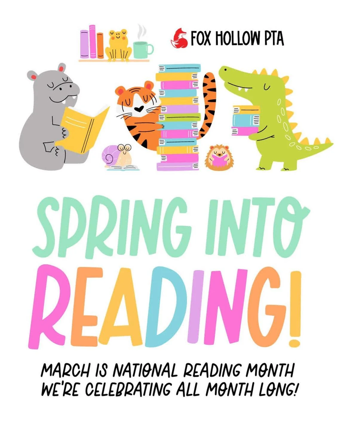 March is National Reading Month! 📚 🎉 

Here is how we are celebrating: 🥳 

▪️4 weeks of prizes 
▪️share your your favorite book 
▪️Dress up as a book character day 
▪️make your own bookmarks at recess 
▪️read a thon! 

*make sure to swipe to see a