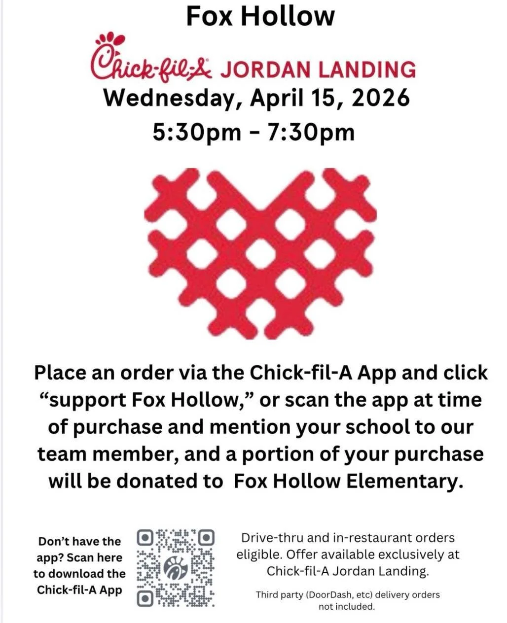 Let someone else do the cooking! 

You deserve a break and to treat yourself &amp; the whole family! 

🐄 Join us for Chick-fil-A spirit night! 

*see flyer for more details*