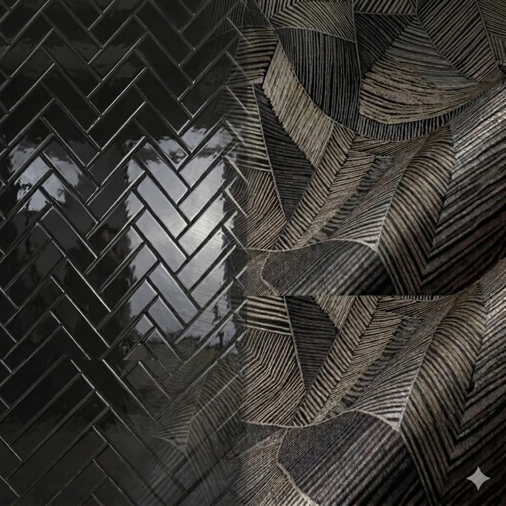 Life is too short for boring rooms, sooo Go bold! ✨

For our clients powder bath, they fell in love with this glossy black herringbone tile the moment they saw it, the pattern, the depth, the drama! 🖤 
The real challenge? Finding something that coul