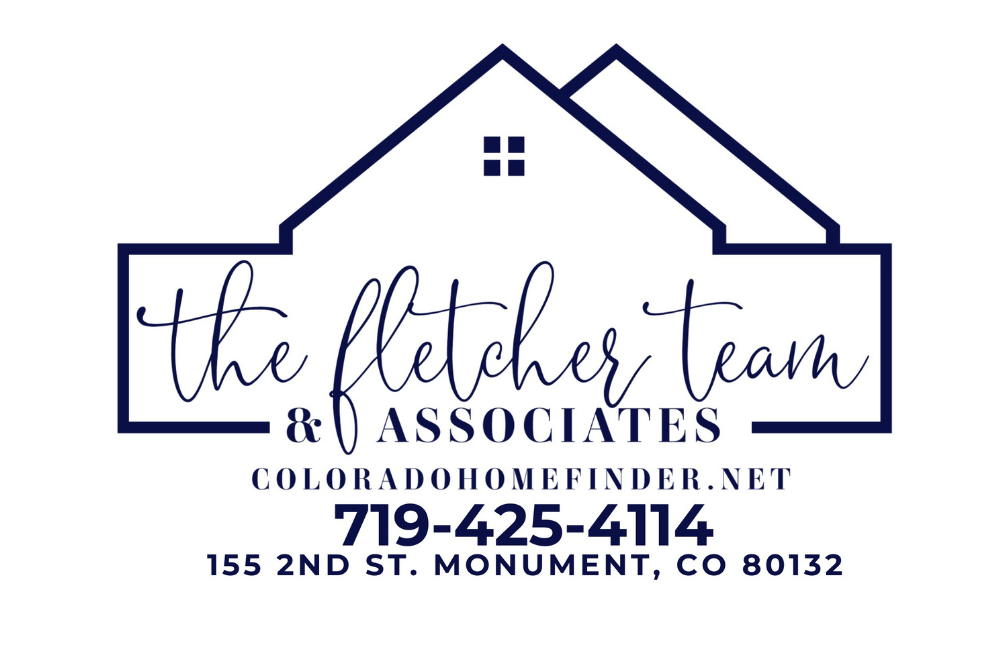 Logo for The Fletcher Team & Associates featuring a stylized house outline, with contact information and website in navy blue.