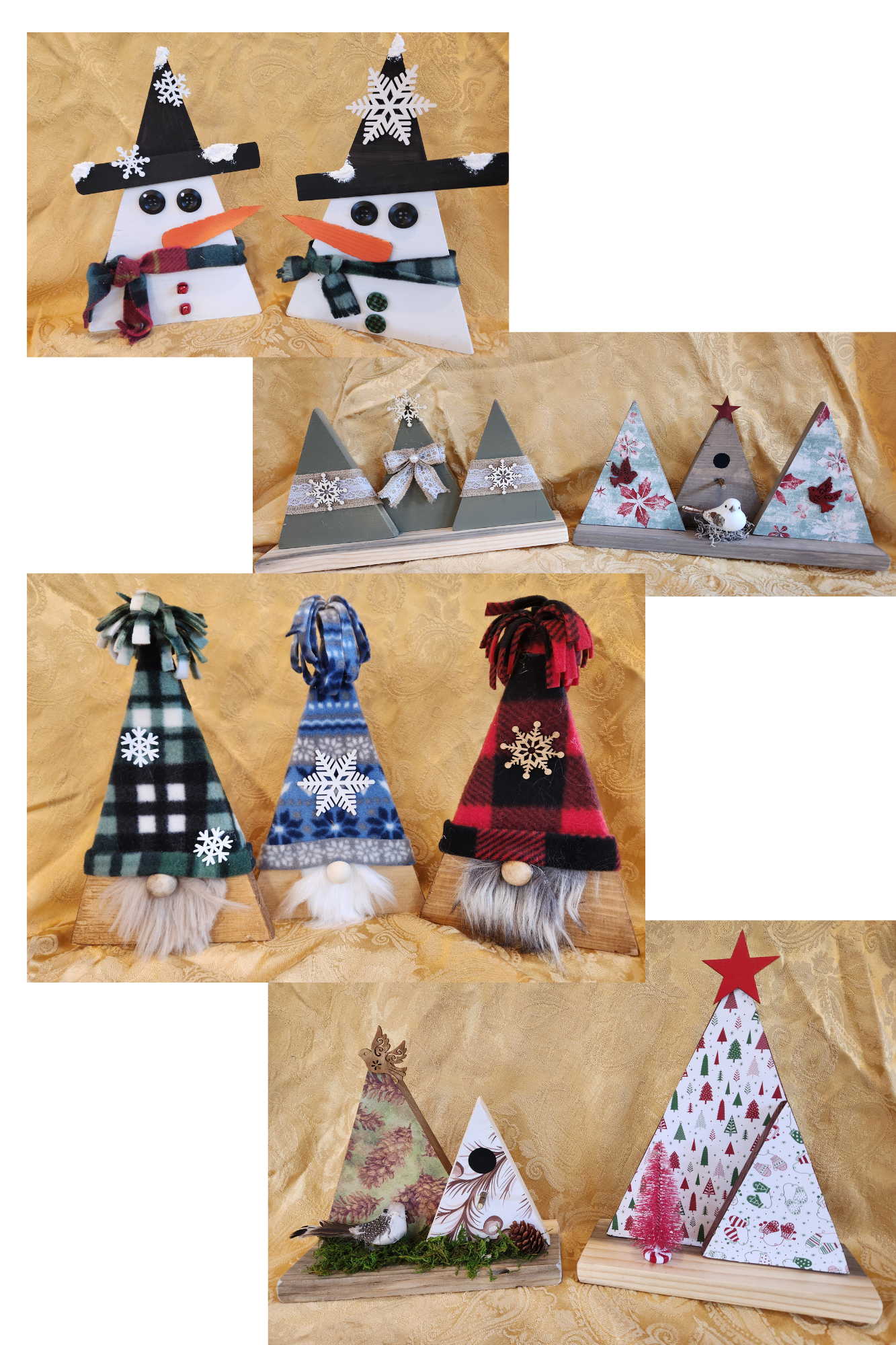 wooden trees, gnomes and snowmen
