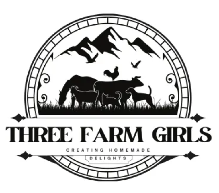 Logo of Three Farm Girls featuring a mountain landscape with farm animals, including a dog, chickens, and goats, with the text "Creating Homemade Delights".