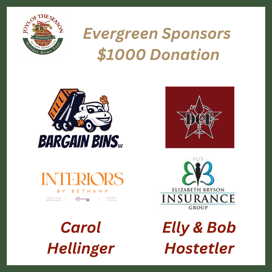 A promotional poster for the Joys of the Season Holiday Home Tour, celebrating its 5th anniversary. The poster highlights Evergreen Sponsors who donated $1000, including logos of Elizabeth Bryson Insurance Group, DCF, and Bargain Bins LLC. Names listed as supporters are Carol Hellinger, Elly & Bob Hostetler.