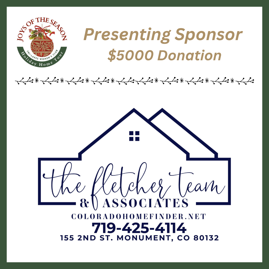 A promotional graphic for a donation and sponsorship event for 'Joy of the Season' and 'the fletcher team & associates' real estate business, featuring a house outline, a logo with holly, and contact details in dark blue and gold text.