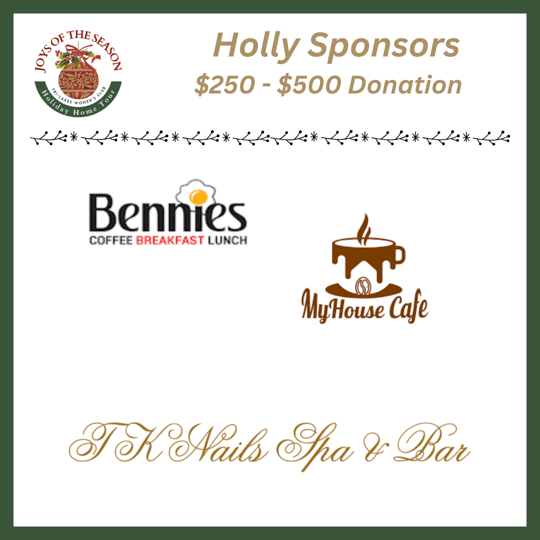 A donation announcement for Holly Sponsors, indicating a $250 donation from Althouse Electric, Inc. and The Sera-Budney Family. The image features logos of JOYs OF THE SEASON Holiday Home Tour, 1stBank, Rosie's Diner, Jackson Creek Senior Living, and Bennie's Coffee.