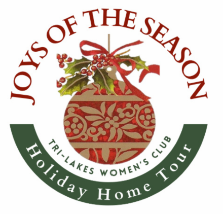 Holiday logo with a red and green Christmas ornament with holly and berries, surrounded by text reading 'Joy of the Season' and 'Tri-Lakes Women's Club Holiday Home Tour'.