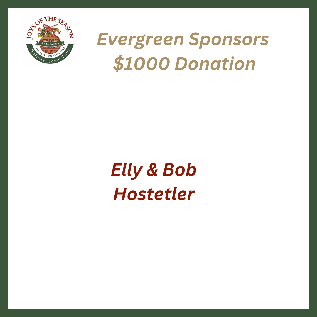 A promotional poster for the Joys of the Season Holiday Home Tour, celebrating its 5th anniversary. The poster highlights Evergreen Sponsors who donated $1000, including logos of Elizabeth Bryson Insurance Group, DCF, and Bargain Bins LLC. Names listed as supporters are Carol Hellinger, Elly & Bob Hostetler.