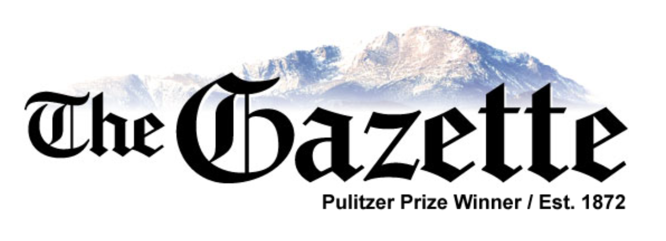 Logo of The Gazette newspaper with mountains in background and text indicating it as a Pulitzer Prize winner established in 1872.