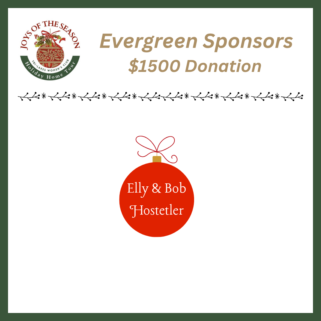 A promotional poster for the Joys of the Season Holiday Home Tour, celebrating its 5th anniversary. The poster highlights Evergreen Sponsors who donated $1000, including logos of Elizabeth Bryson Insurance Group, DCF, and Bargain Bins LLC. Names listed as supporters are Carol Hellinger, Elly & Bob Hostetler.