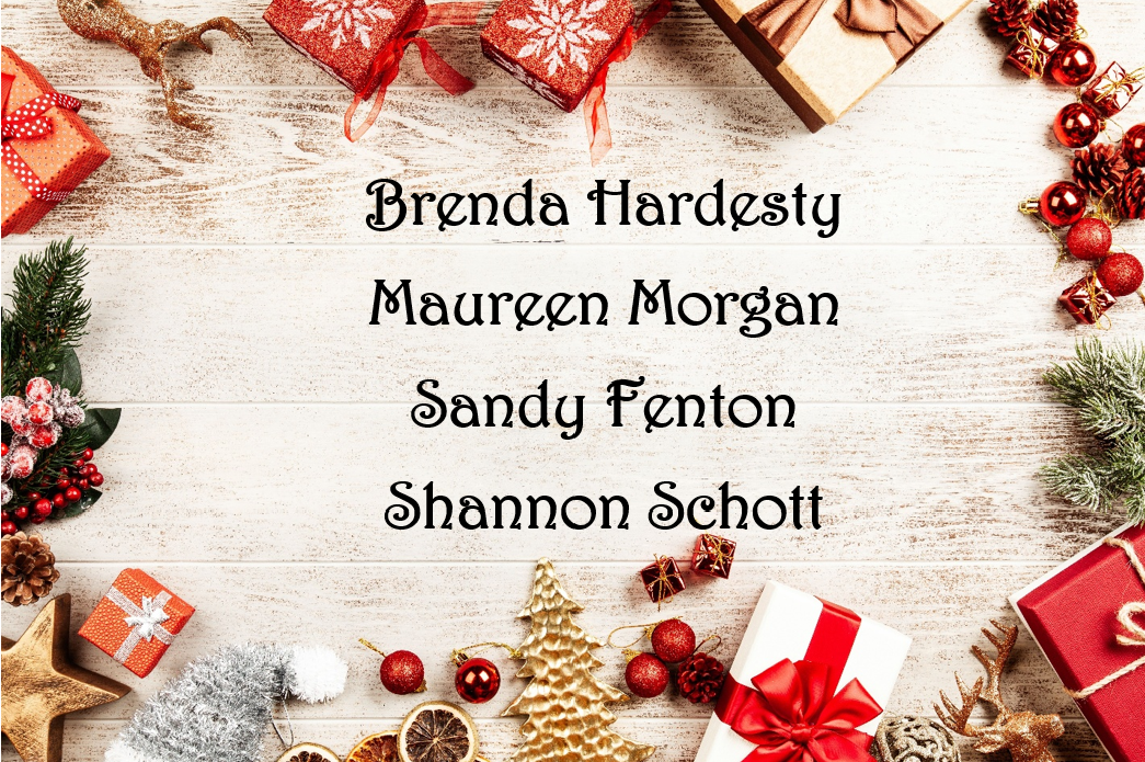 Christmas-themed cluster with wrapped gifts, ornaments, pinecones, holly, and festive decorations on a white wooden background, with a list of four names in black text.