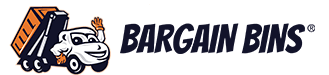 Logo of Bargain Bin including a cartoon trash bin with eyes and a smile, next to a small truck, with the words 'Bargain Bin' in bold blue letters.