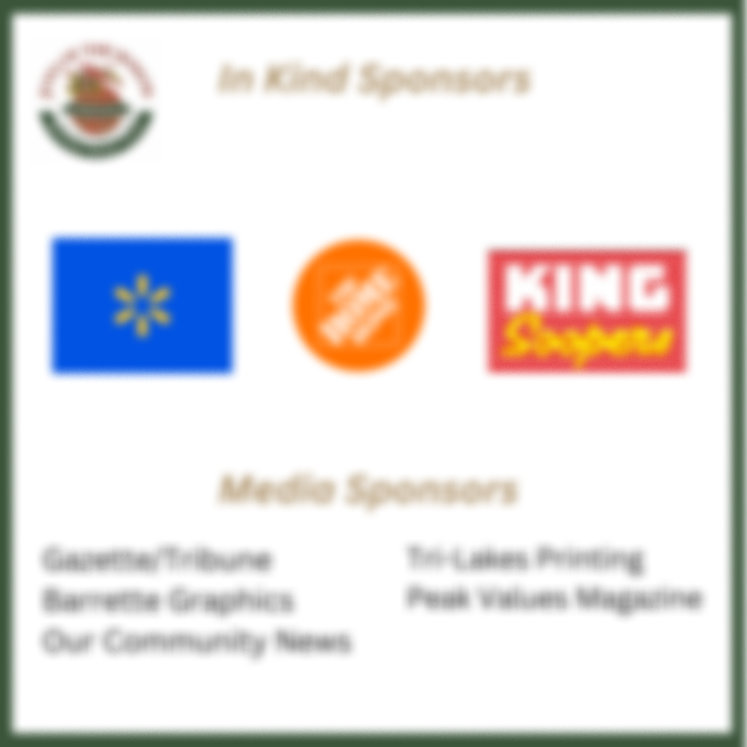 Sponsorship recognition for the Joys of the Season event, featuring logos of King Soopers, Safeway, Walmart, The Home Depot, and media sponsors including Gazette/Tribune, Barrette Graphics, Our Community News, Tri-Lakes Printing, and Peak Values Magazine.