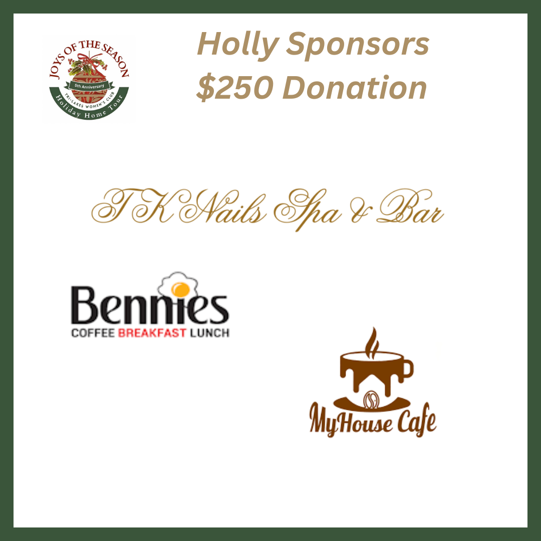 A donation announcement for Holly Sponsors, indicating a $250 donation from Althouse Electric, Inc. and The Sera-Budney Family. The image features logos of JOYs OF THE SEASON Holiday Home Tour, 1stBank, Rosie's Diner, Jackson Creek Senior Living, and Bennie's Coffee.