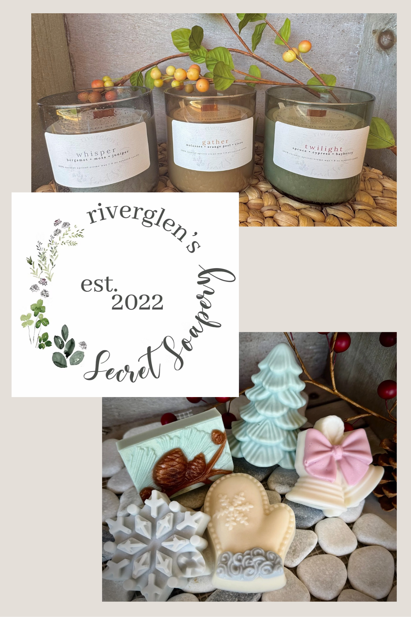 A circular design with the words "riverglen's est. 2022" in the center and "Secret Soaking" written in a script font around the circle, decorated with watercolor leaves and flowers.