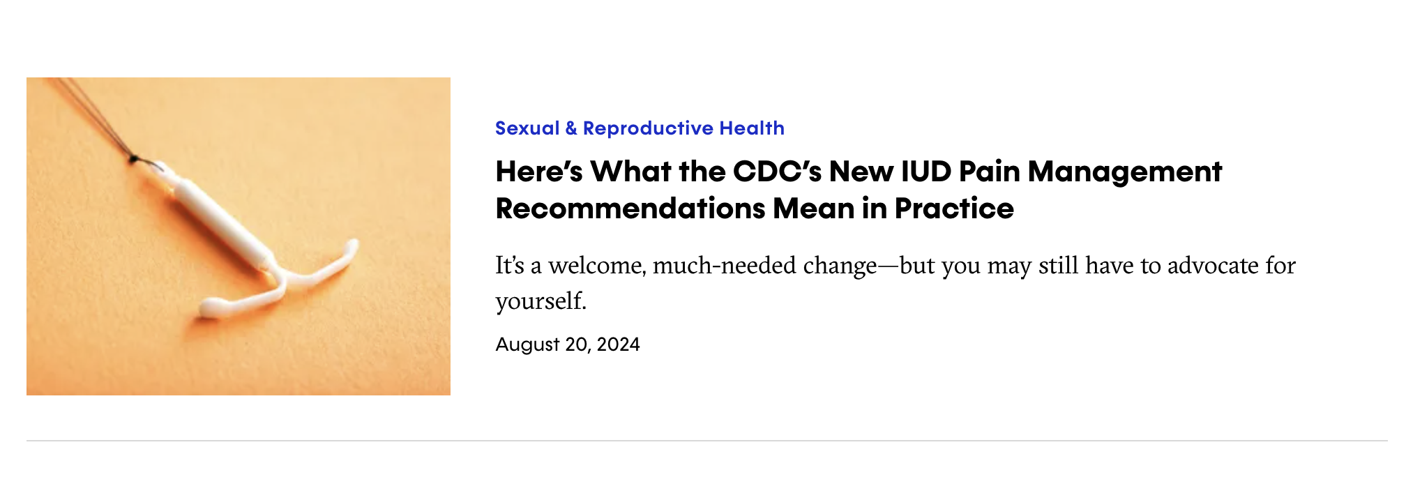 screenshot of self.com page showing the thumbnail for a story about IUD pain management written by jessie van amburg