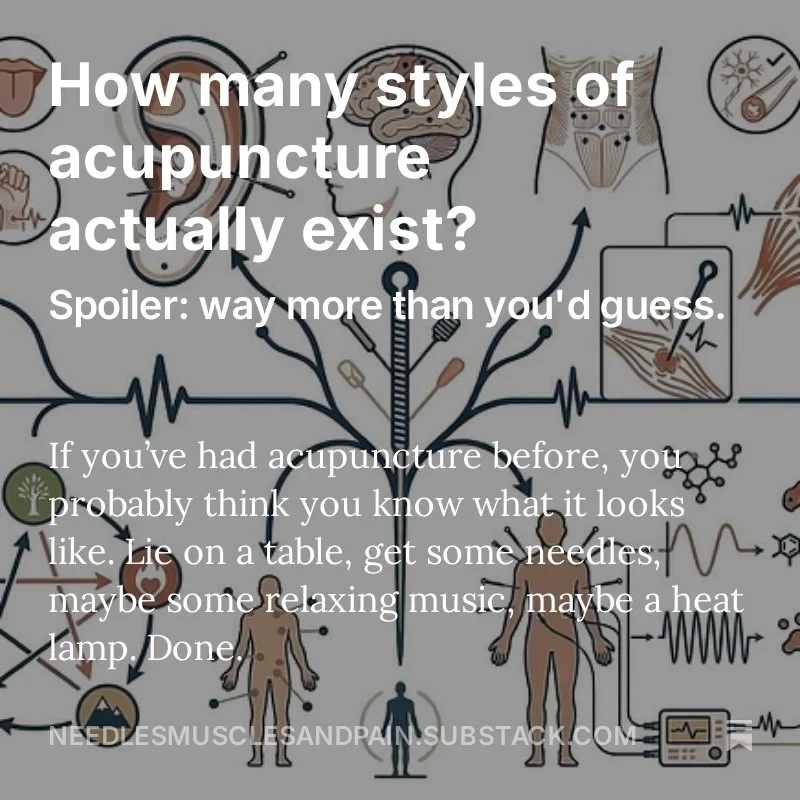 Most people think acupuncture is one thing. Lie down, get some needles, relaxing music, done.

But there are many recognized styles of acupuncture, and some of them look absolutely nothing like each other.

TCM acupuncture uses meridians and tongue d
