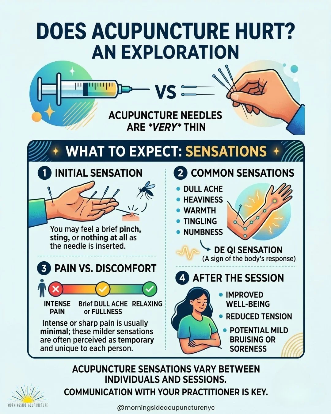 We understand that needles can feel intimidating.⁠
⁠
But acupuncture needles are hair-thin and nothing like the ones you're picturing. Most people feel only a brief, mild pinch at insertion, if anything. After that, you might notice sensations such a