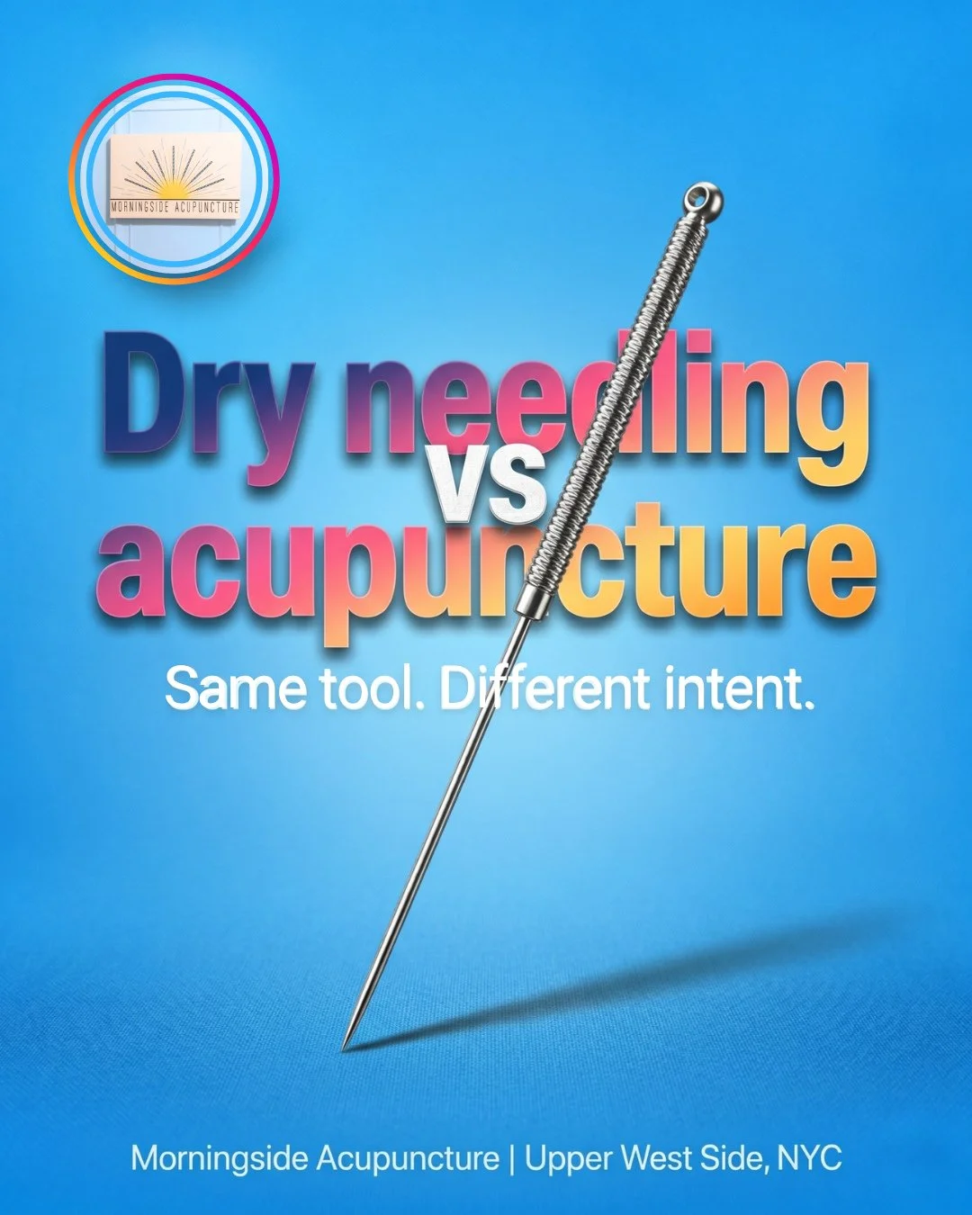 Same needle, but completely different intent.⁠
⁠
Dry needling targets myofascial trigger points using Western anatomy and musculoskeletal research. Traditional acupuncture uses the same tool to address pain, sleep, digestion, and systemic conditions 