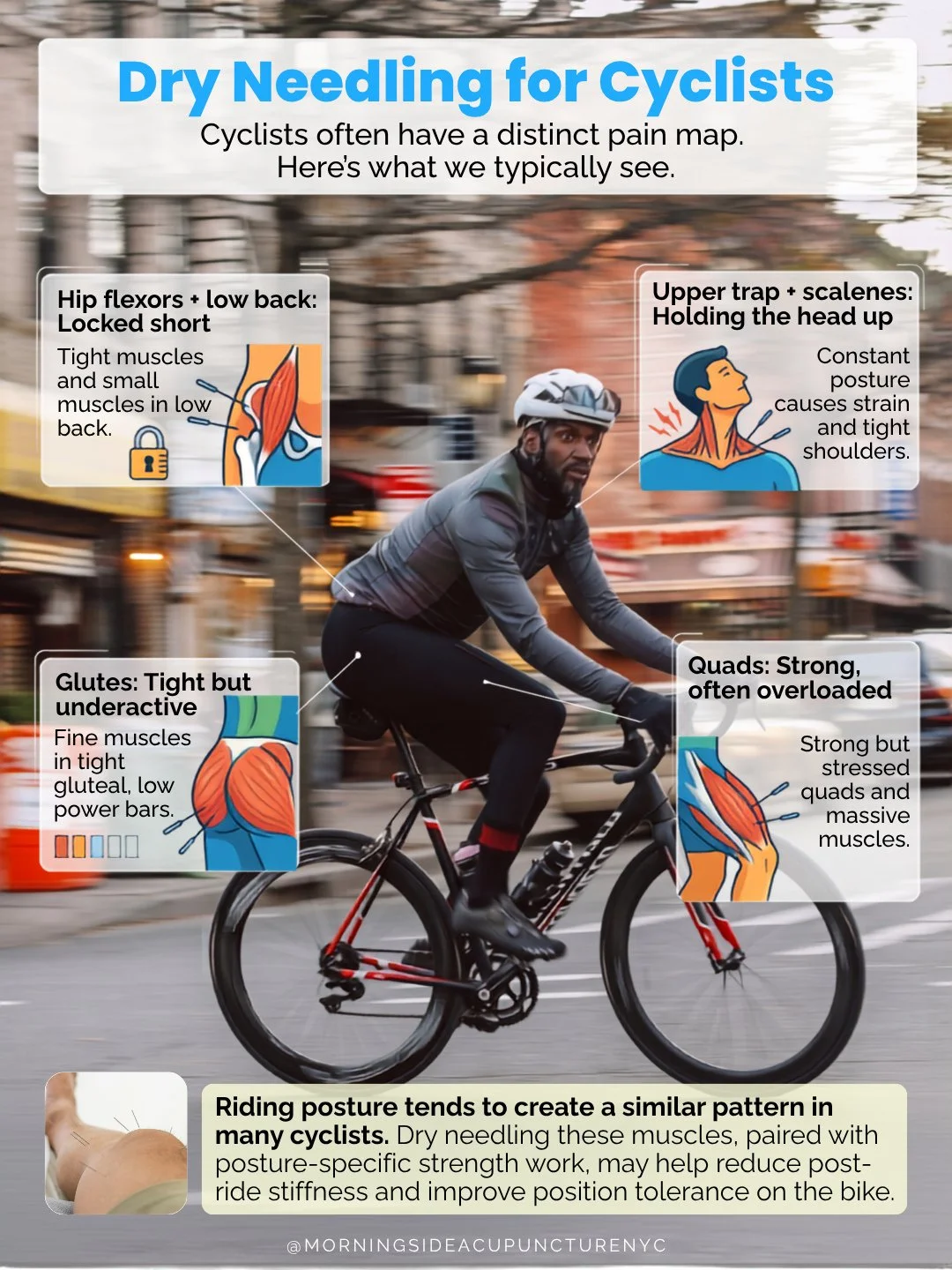 Cycling posture often creates a similar pattern. Hip flexors and the lower back tend to stay short and locked. Upper trap and scalenes often work overtime holding the head up. Glutes can go tight but underactive, while the quads end up strong but ove