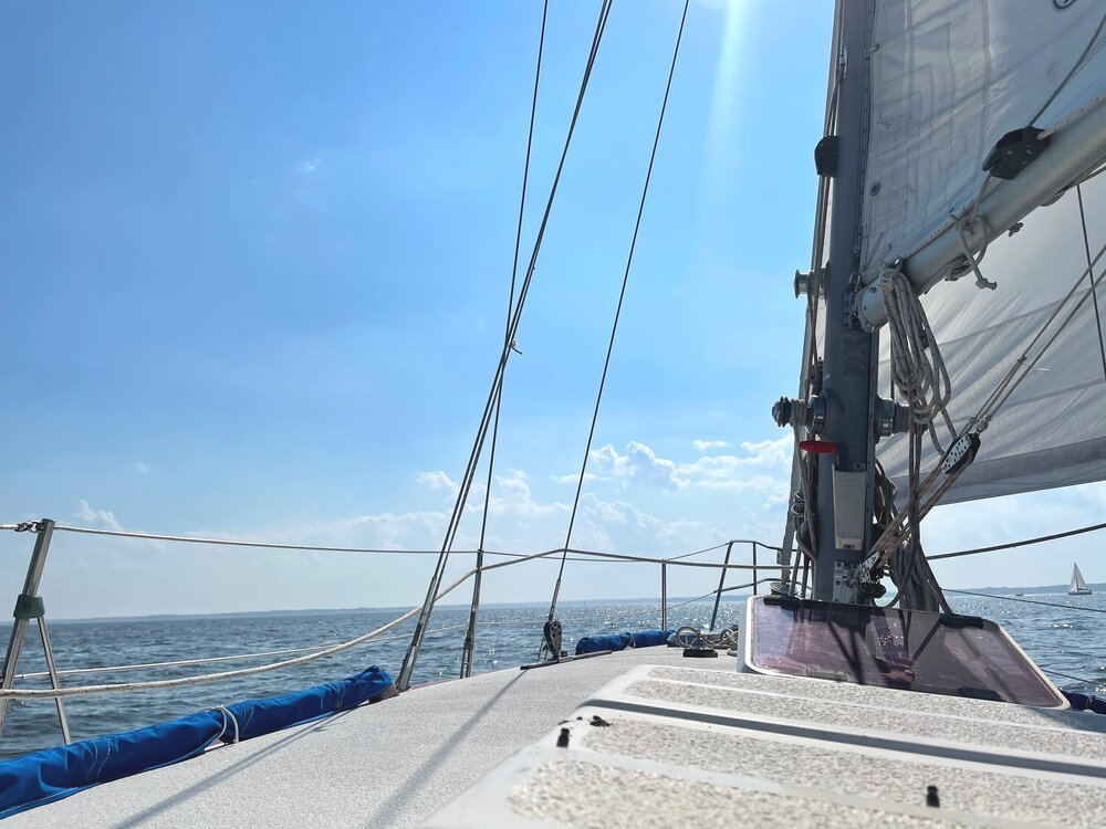 Samba, our Morgan 382 sailboat, sailing on a beautiful day on the Chesapeake Bay