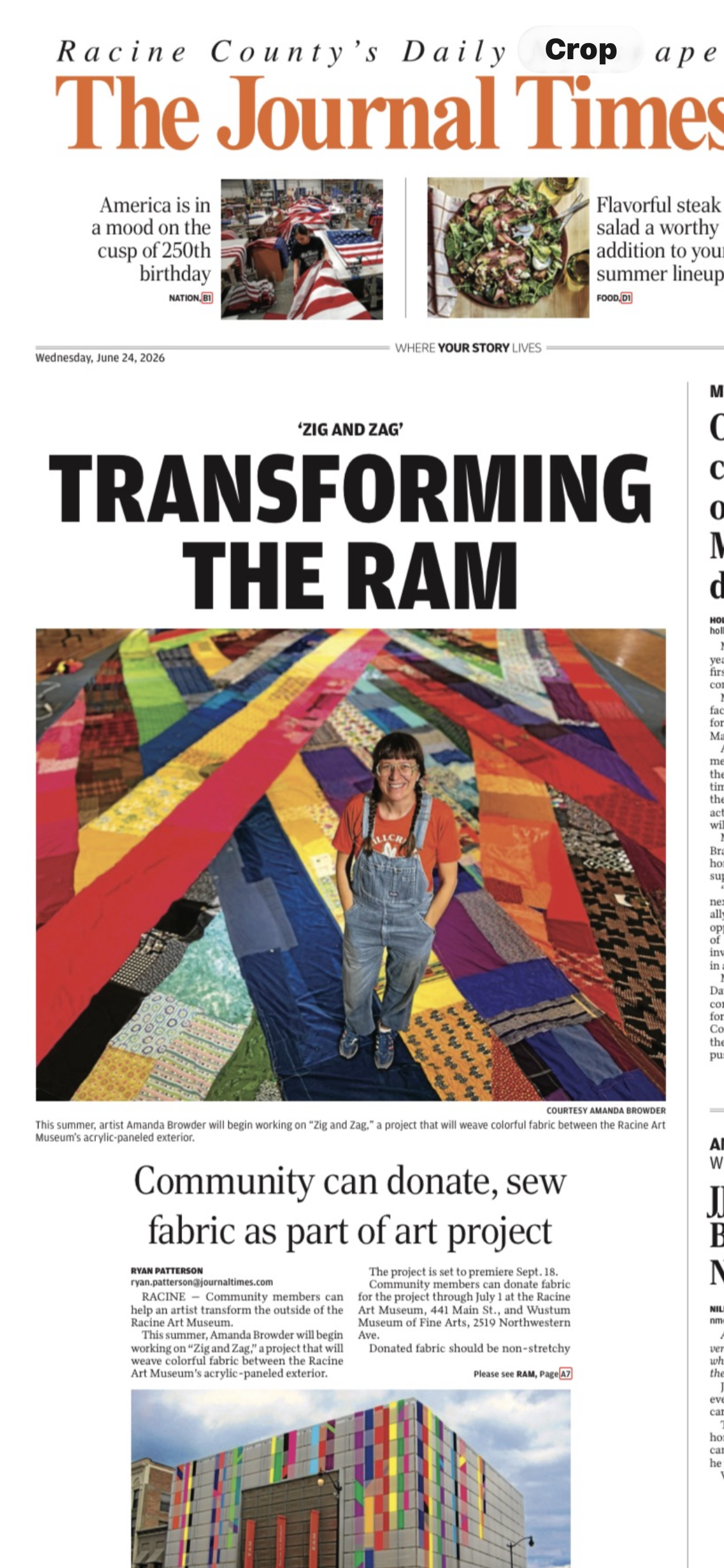 The Journal Times from Racine Wisconsin, newspaper article. Title "Transforming The RAM"