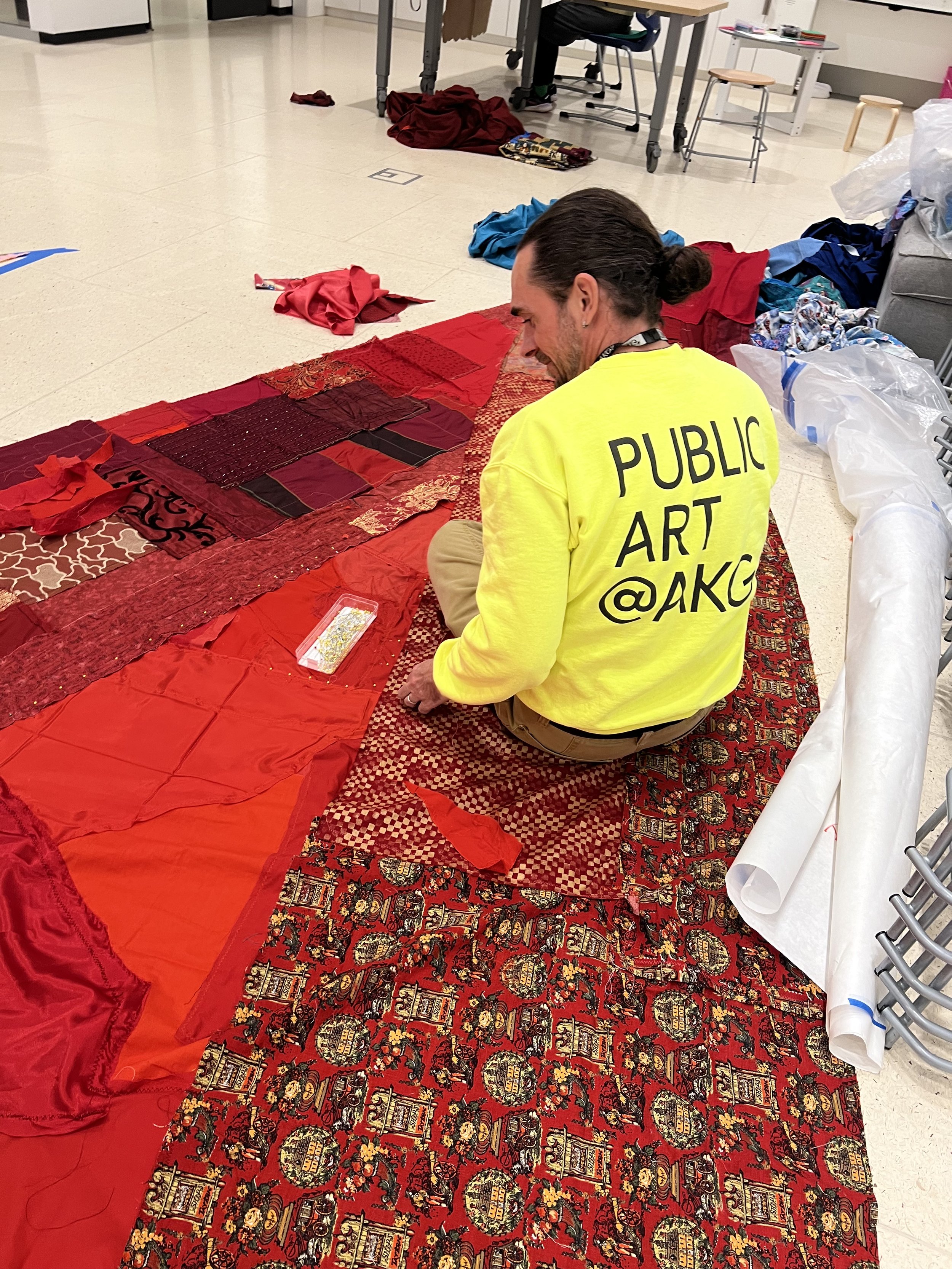 Public Sewing Days for Night Rainbow (2025) - Amanda Browder: Located at the Buffalo Art Museum AKG: part of the AKPublic Art Initiative exhibition Hi-Vis. All fabric is donated and built with the support and labor of the citizens of Buffalo, NY. - w