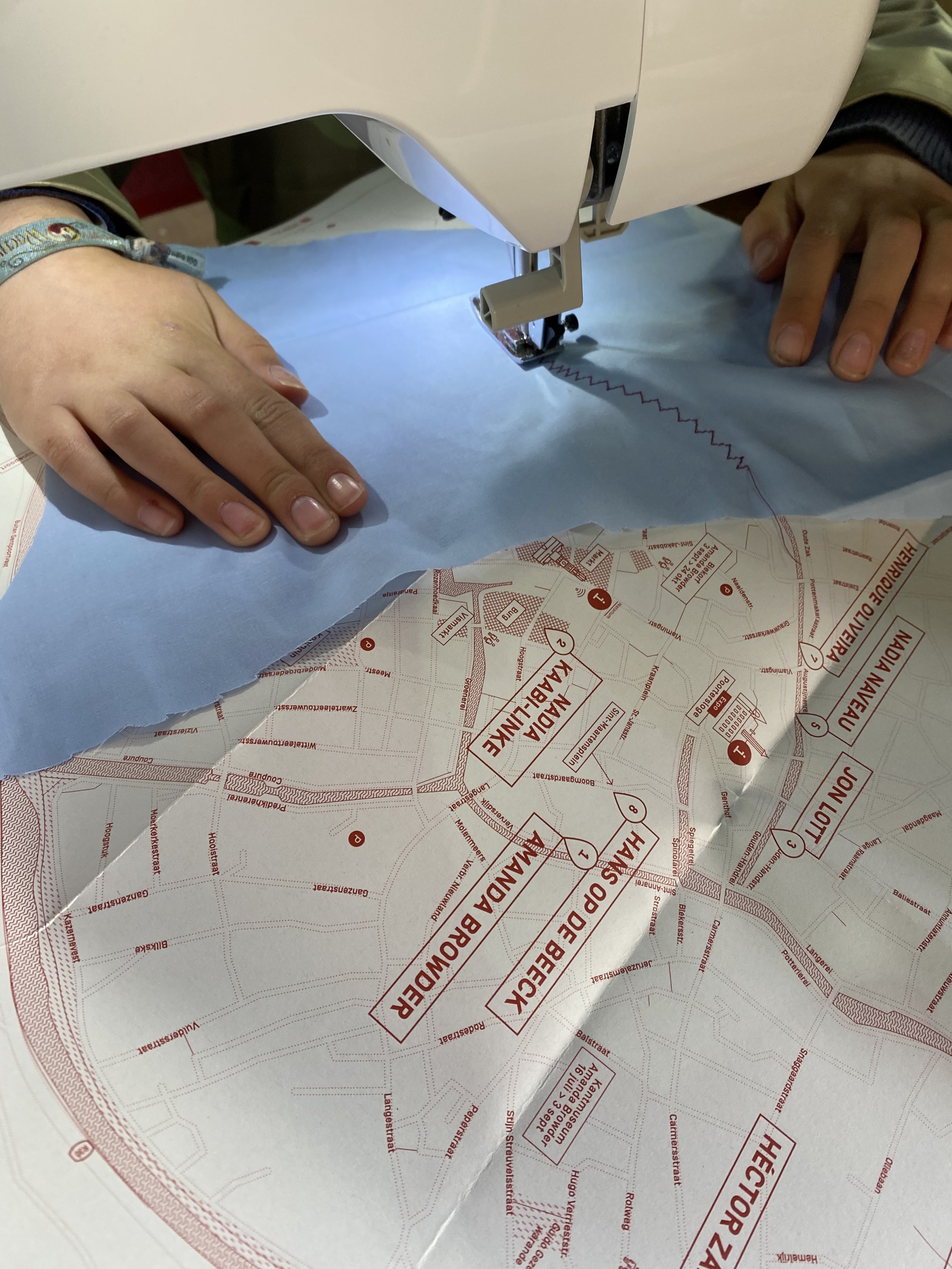 Sewing Fabric to a map in Brugge, Belgium - experimentation at House of Time 2021