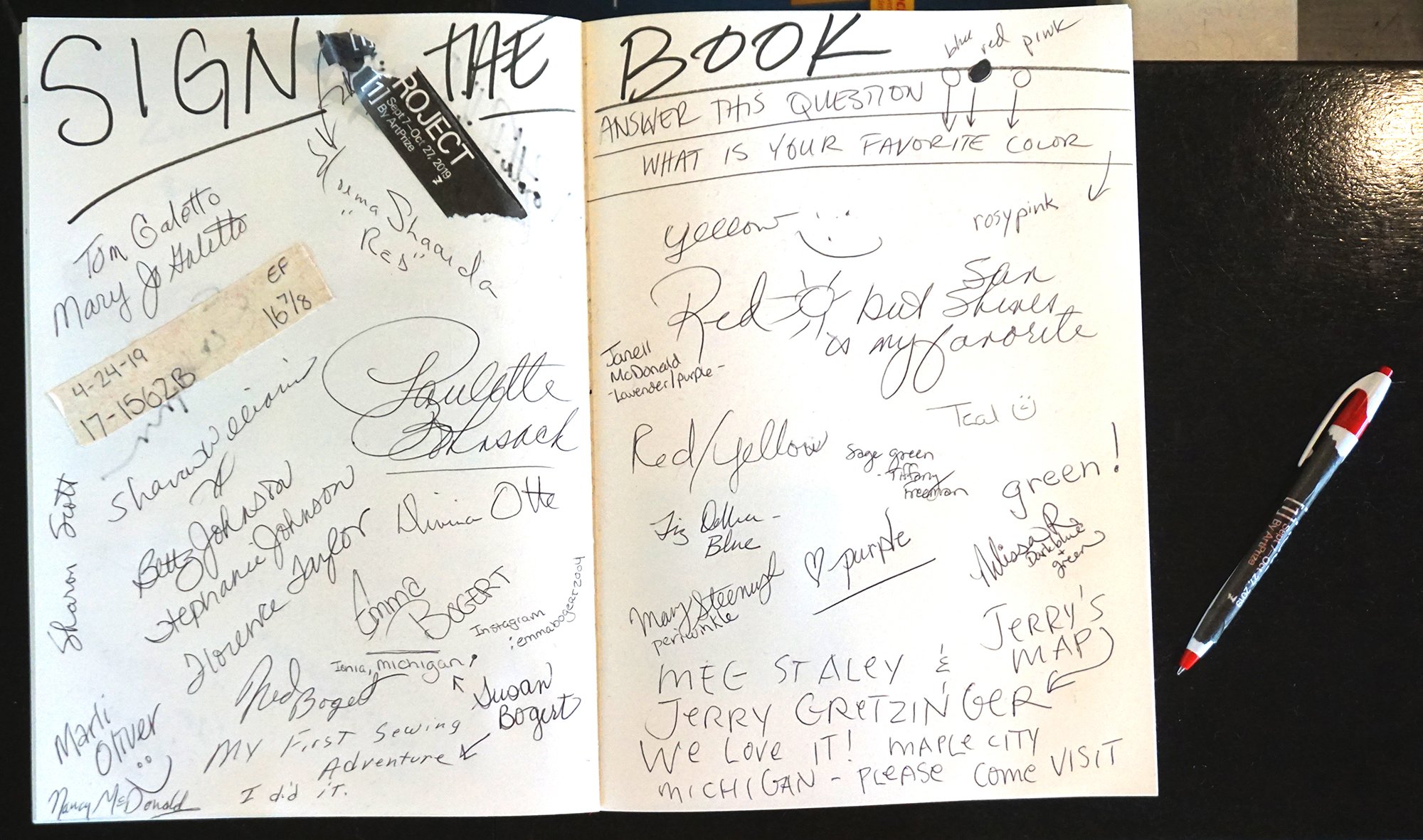 Sewing Day Book with all volunteer's names