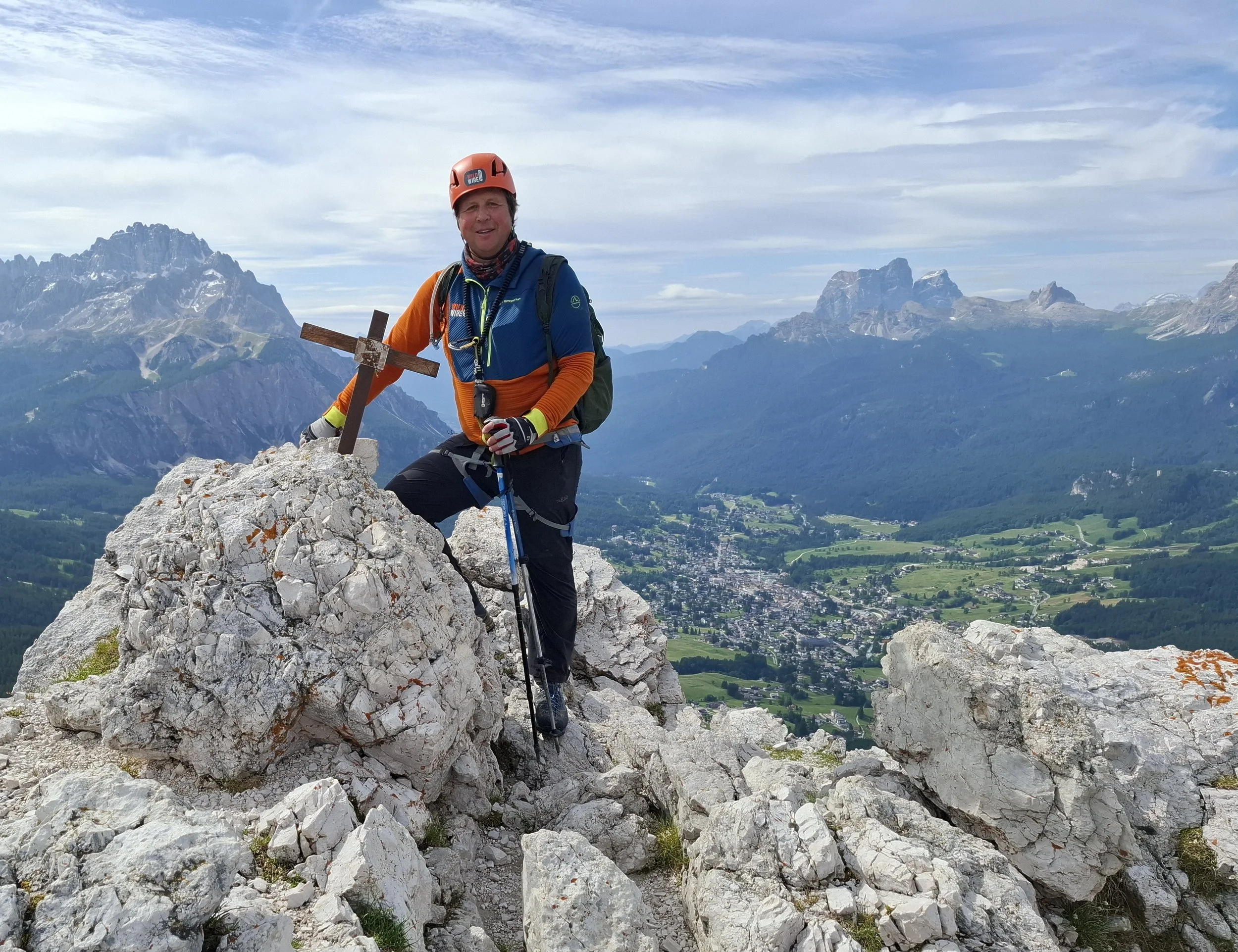 Mark and Laurel climbing an original via ferrata in the Italian Dolomites
