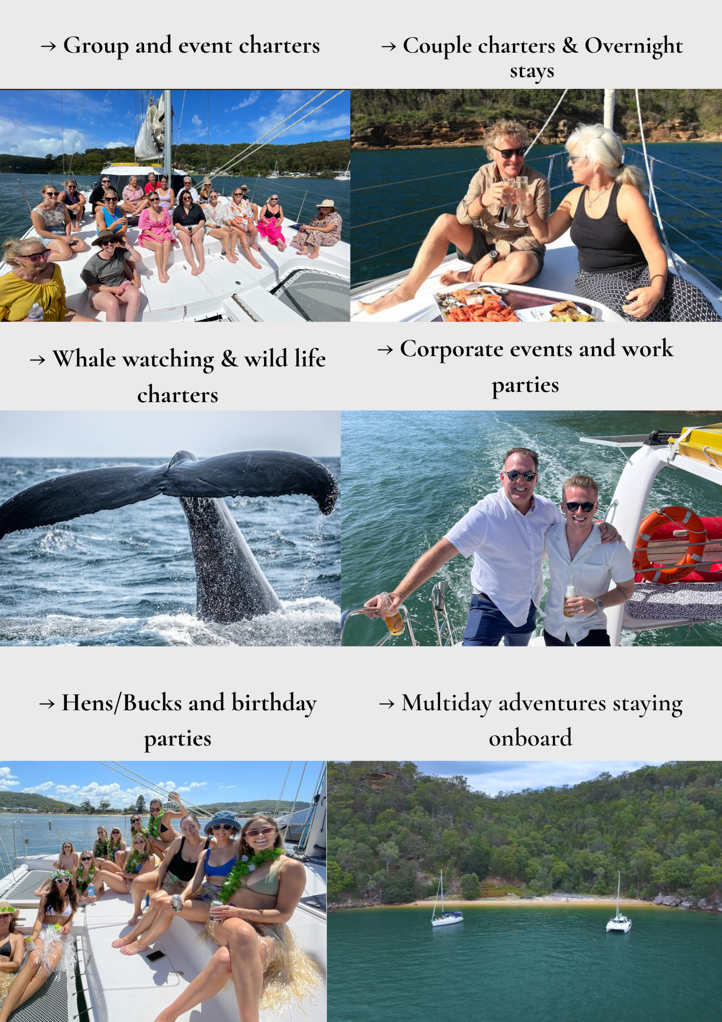 Collage of six photos showing people enjoying boat trips, whale watching, and celebrating events on boats in scenic water settings.