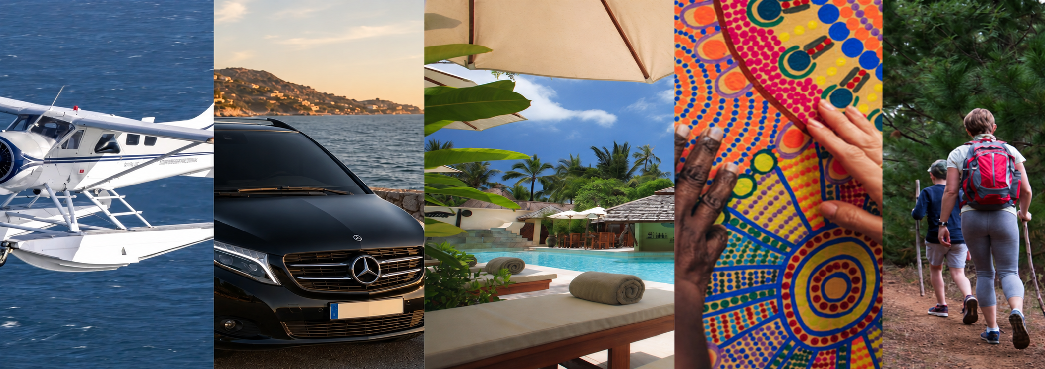 Seaplane, private car, coastal accommodation, First Nations art and guided walking experiences