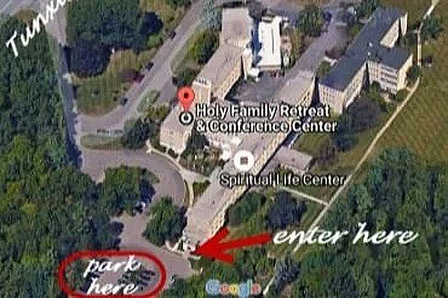 drone shot of rehearsal space exterior showing where to park