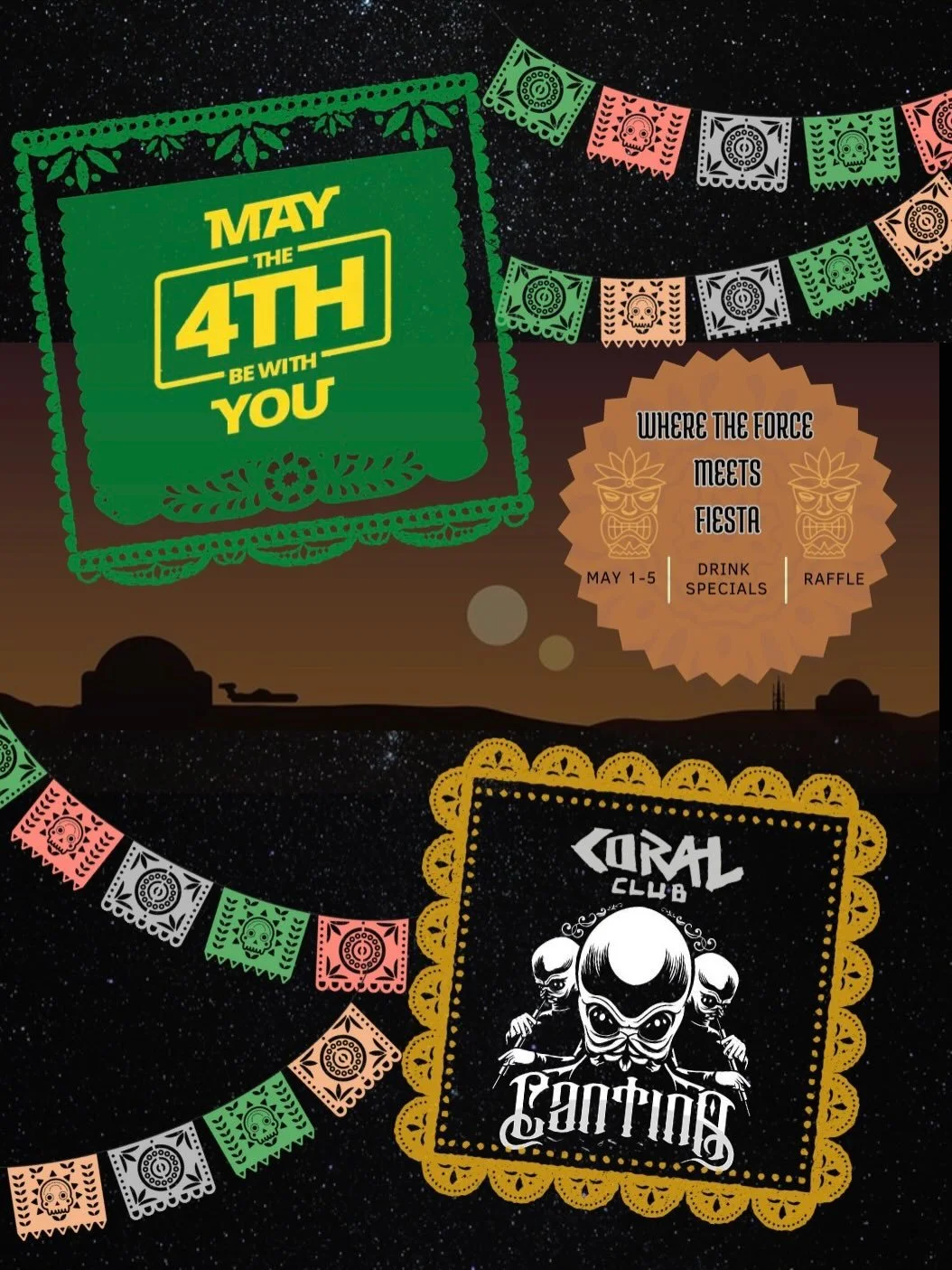 @coralclubvancouverwa strikes back&hellip;.
Starting this week come grab our &ldquo;FORCE MEETS FIESTA&rdquo; cocktails for a chance to win a Star Wars tiki mug! 
.
Order a drink off our FORCE MEETS FIESTA menu and receive a raffle ticket. We will an