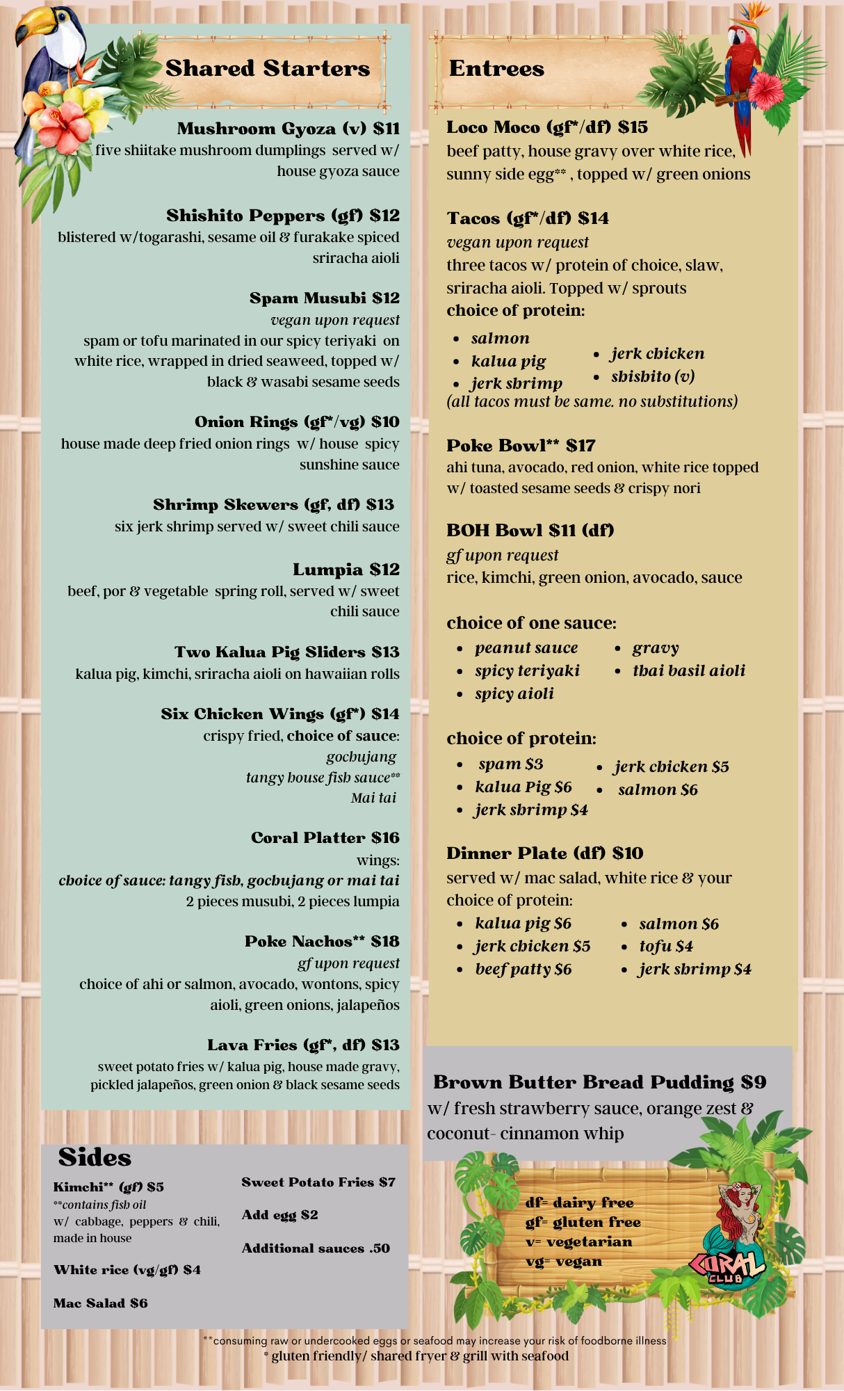 Food — Coral Club Menu