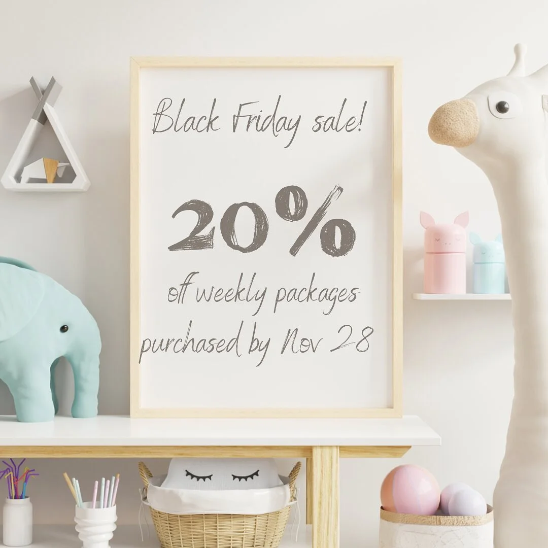 🚨BLACK FRIDAY SALE!!🚨

All weekly packages (1 week, 2 weeks and 3 weeks) are 20% off when purchased between Friday, November 25 to Monday, November 28. 

If you are interested in learning more, check out the details of my packages on my website - l