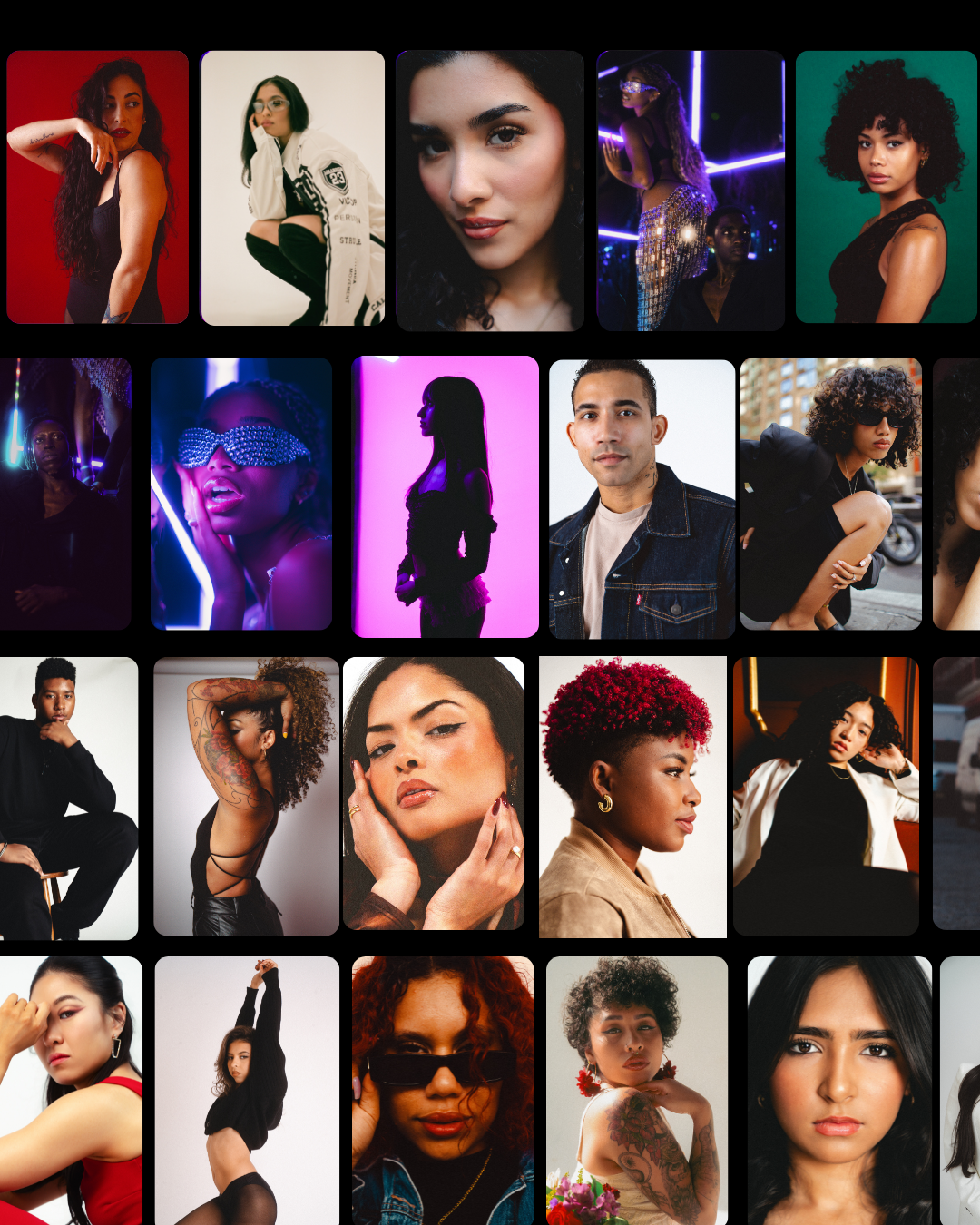 Collage of diverse portraits of women and men with various hairstyles, outfits, and backgrounds, including some in urban settings, neon lighting, and studio shots.