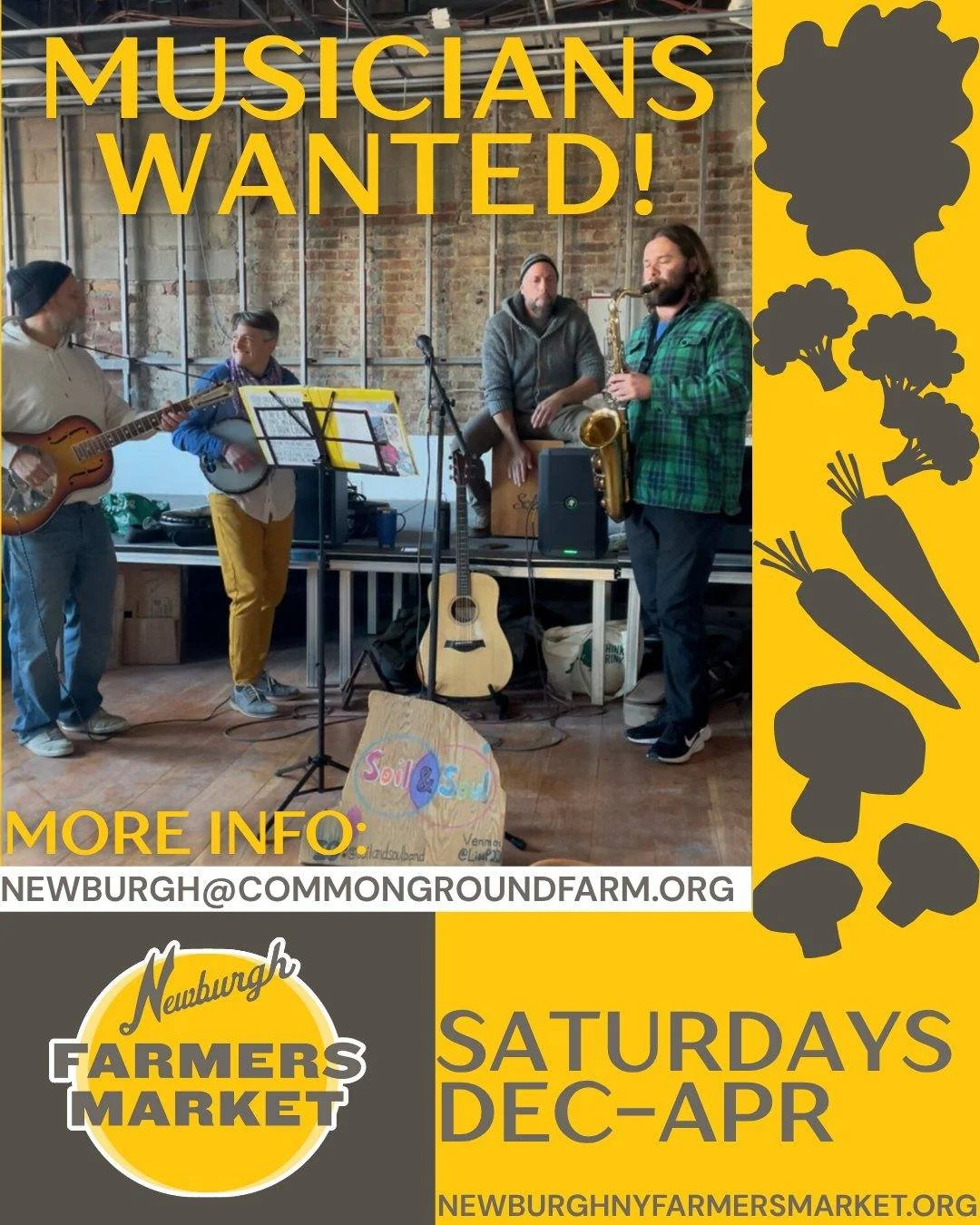 We’re booking music for the Newburgh Farmers’ Market Winter Season—Saturdays, Dec 6–Apr 25. Solo/duo/small acoustic acts; family-friendly.  For more info: newburgh@commongroundfarm.org
¡Estamos reservando música